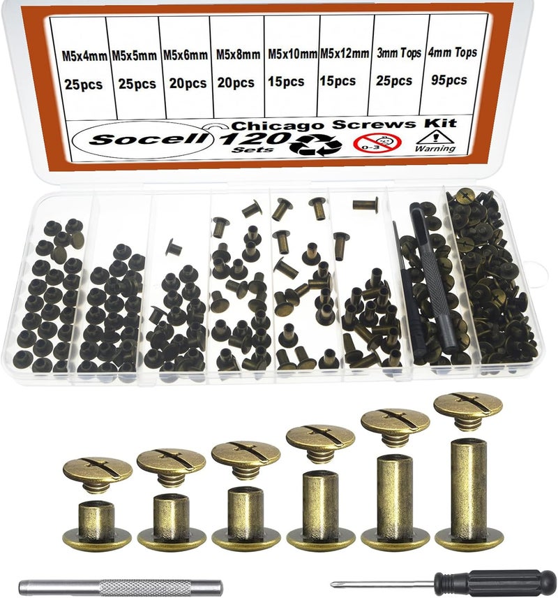 Socell 120Sets Chicago Screws Kit, 6 Sizes Chicago Screws for Leather,Binding Screws Leather Rivet kit for Crafts, Clothing, Shoes, Belts, Bags, and Custom-Made Items(Bronze, M5*4,5,6,8,10,12) - Image 1